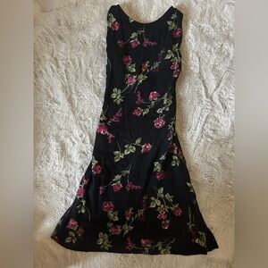 Black Floral Slip Dress with Pink Rose Print